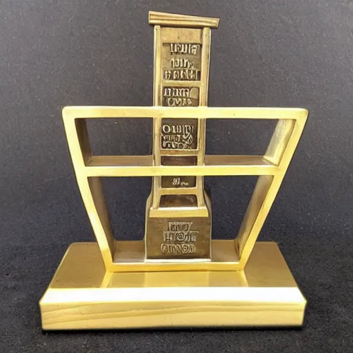 Prompt: a forklift proficiency trophy, metal on wooden base - w 7 6 8