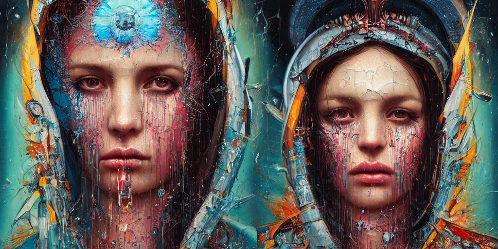 Image similar to portrait of Virgin Mary,8k,by tristan eaton,Stanley Artgermm,Tom Bagshaw,Greg Rutkowski,Carne Griffiths, Ayami Kojima, Beksinski, Giger,trending on DeviantArt,face enhance,hyper detailed,minimalist,cybernetic, android, blade runner,full of colour, super detailed