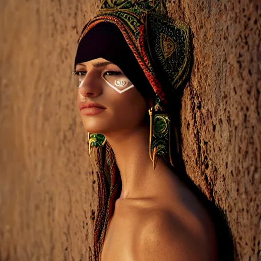 Prompt: portrait of a stunningly beautiful middle eastern tribal female, depth of field, zeiss lens, detailed, symmetrical, centered, fashion photoshoot, by Annie Leibovitz and Steve McCurry, David Lazar, Jimmy Nelsson, Breathtaking, 8k resolution, extremely detailed, beautiful, establishing shot, artistic, hyperrealistic, beautiful face, octane render