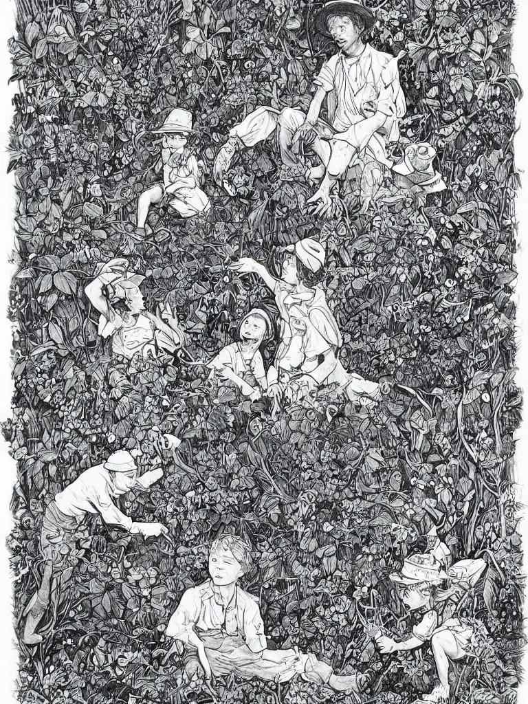 Image similar to the adventures of tom sawyer and huckleberry finn, illustrated by james jean, playful, naturalistic, simple life, mississippi