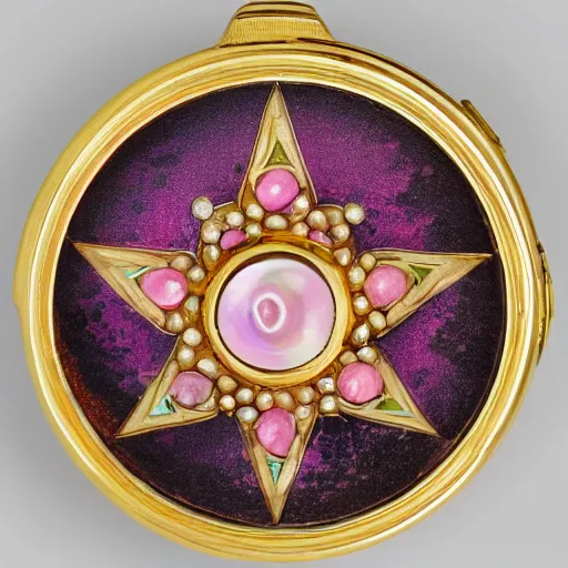 Prompt: a photo of the lid of a circular, pink cloisonné vintage powder compact with an inlaid gold pentagram that has a different colored gem at each point and a large, round cabochon in the middle encircled by a gold crescent moon inlay. House of Fabergé.