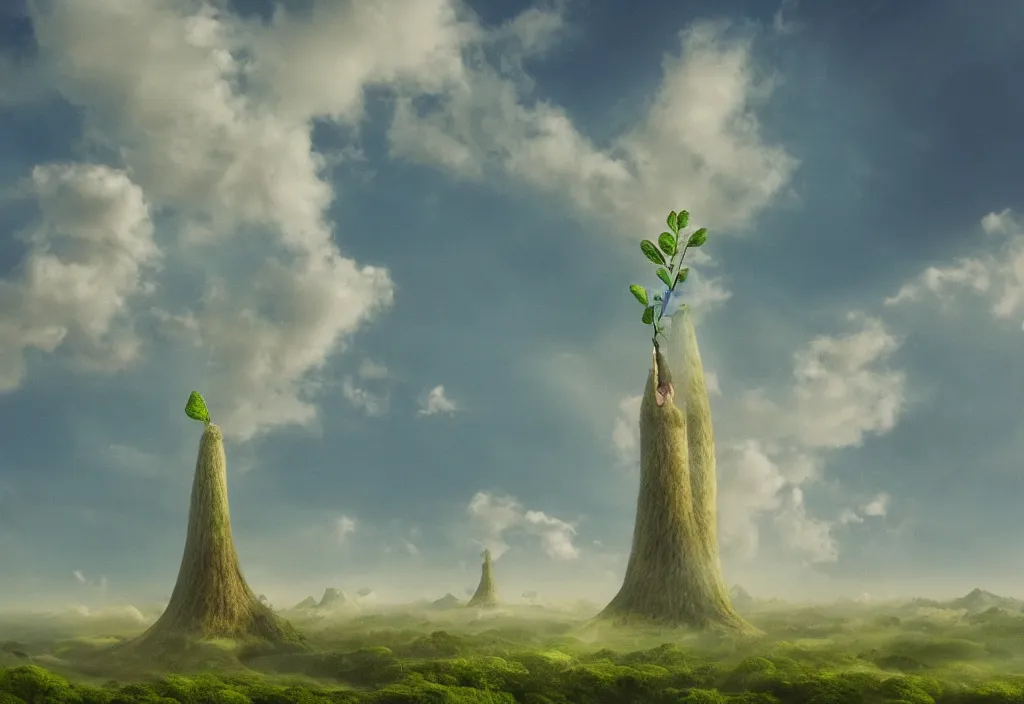 Image similar to a beanstalk reaching the clouds, vast city landscape