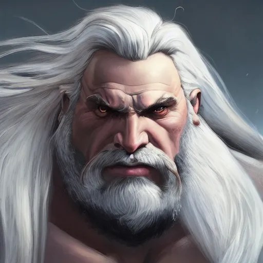 Image similar to dark fantasy character portrait of a huge muscular tall giant Reinhardt from Overwatch, long white hair and beard, a red scar over his left eye, intricate, wild, highly detailed, digital painting, artstation, upper body, concept art, smooth, sharp focus, illustration, art by artgerm and greg rutkowski and alphonse mucha