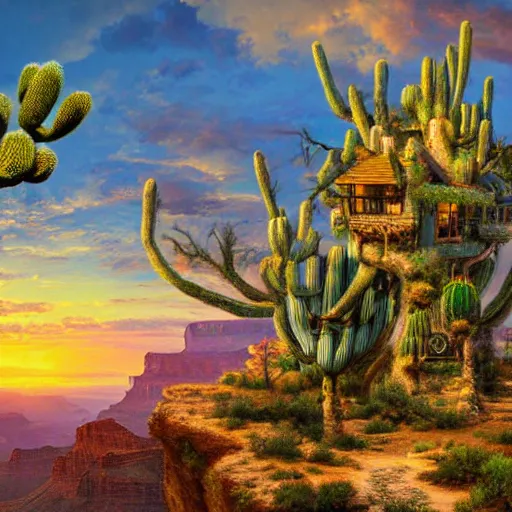 Prompt: fancy treehouse mansion built in a giant cactus on top of plateau with amazing panoramic view of colorful sunset over the grand canyon detailed luminescent airbrushed magical realism painting 4 k