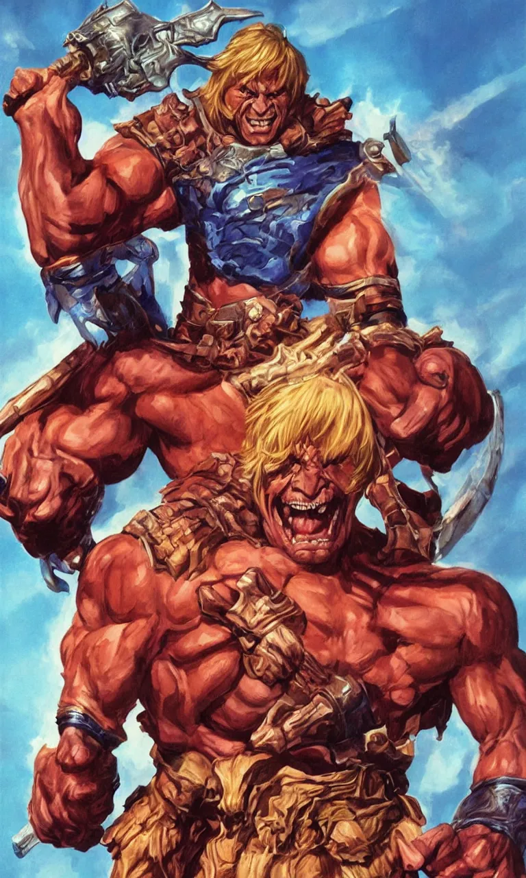 Prompt: giant he - man character design by alex ross