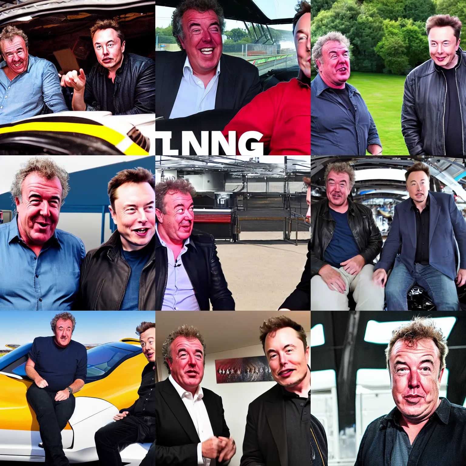 Prompt: jeremy clarkson hanging out with elon musk, highly detailed, race track, realistic, 4 k