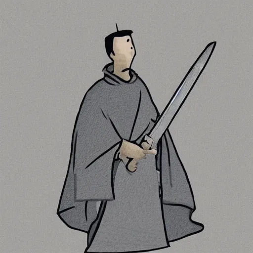 Prompt: a simple illustration of a man in a grey cloak holding a katana