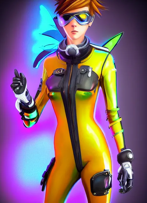 Prompt: portrait bust digital artwork of tracer overwatch, wearing iridescent rainbow latex and leather straps catsuit outfit, neon makeup, in style of mark arian, angel wings, wearing detailed leather collar, chains, black leather harness, detailed face and eyes,