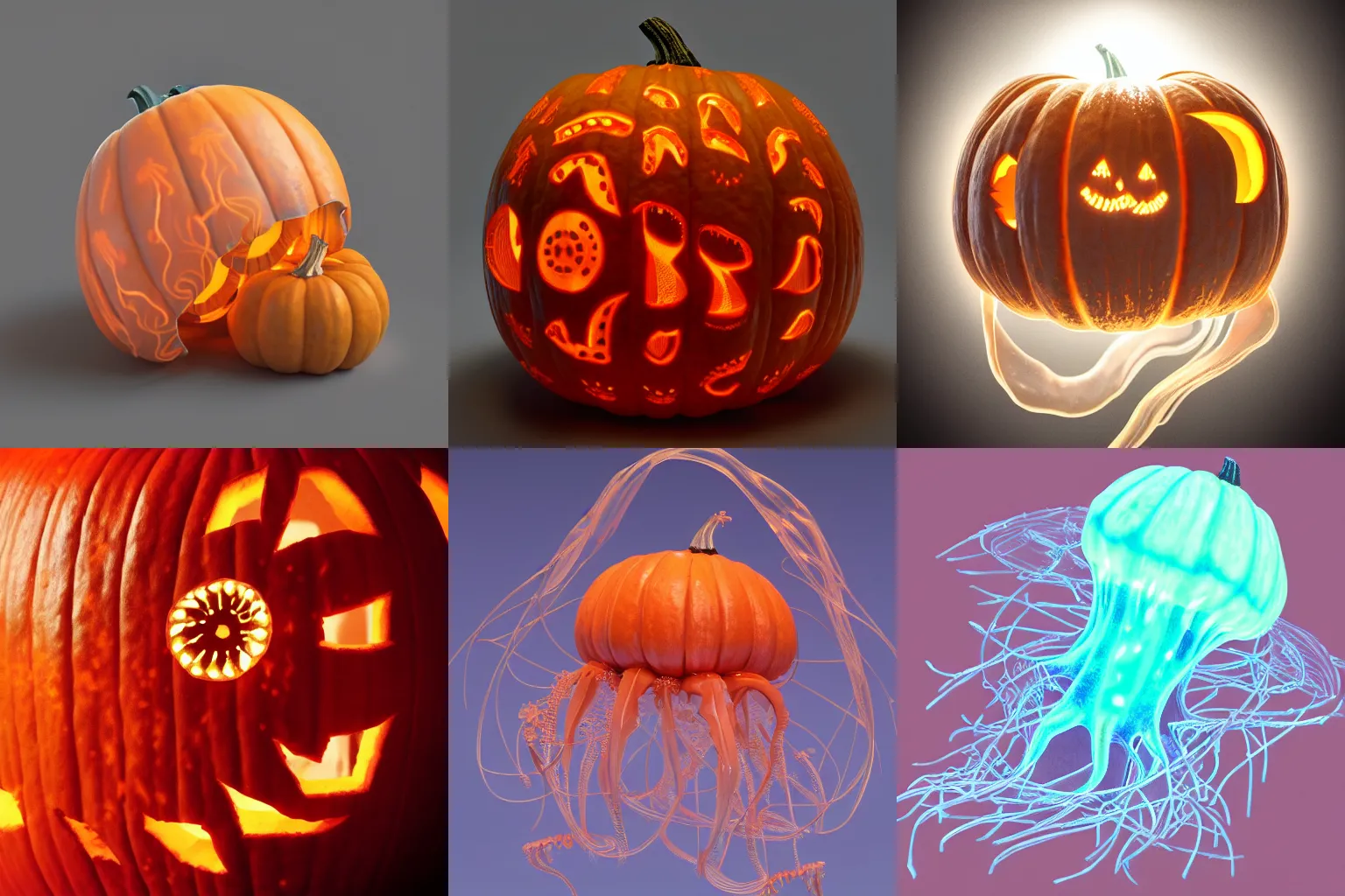 Prompt: intricate pumpkin artwork jellyfish bio-mechanical bio-luminescence, octane render, trending on artstation, hyper realism, 8k,