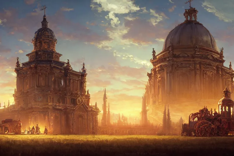 Prompt: an mobile ornate baroque church with chain wheels, mortal engines, scene in an open field. key visual, conceptart, ambient lighting, highly detailed, digital painting, artstation, concept art, sharp focus, by makoto shinkai and akihiko yoshida and greg manchess