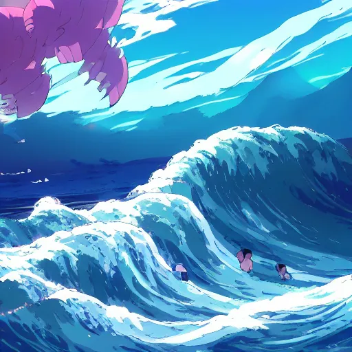 Image similar to tumultuous plunging waves, anime artwork, studio ghibli, stylized in an anime format, 4 k quality, trending on artstation