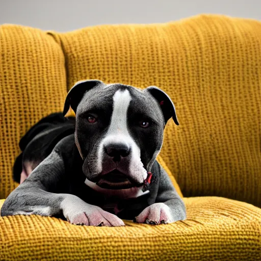 Image similar to American Staffordshire terrier wearing a green sweater, sitting on a sofa, 8k