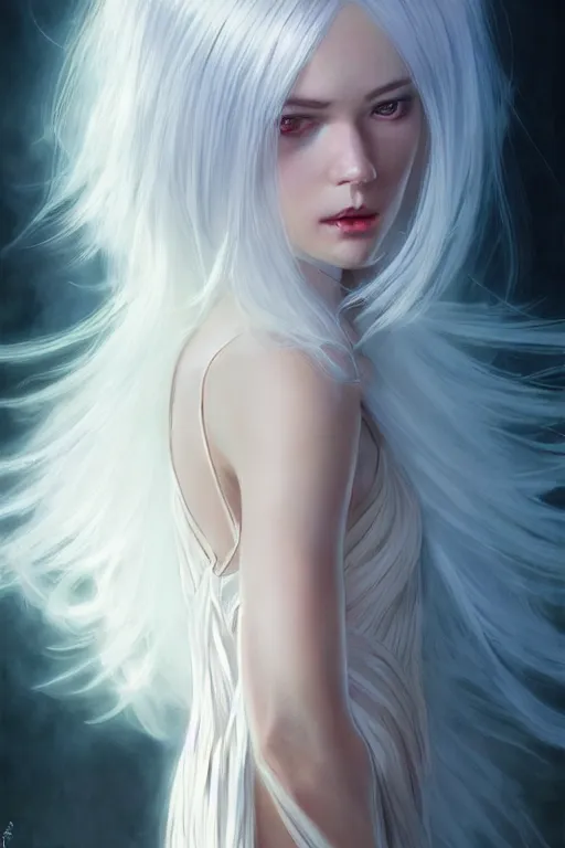 Prompt: magnum opus portrait professional photograph female holding white hair glowing, blush, pleated skirt, flowing hair, slim face, elegant, terry moore, masamune shirow, barclay shaw, karol bak, greg rutkowski