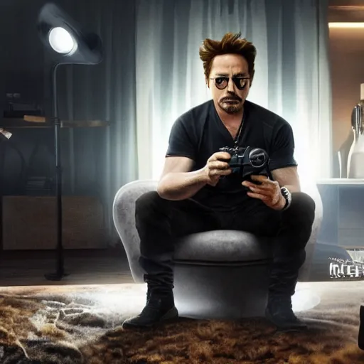 Image similar to robert downey jr. playing a game on his playstation 5 during a stormy night, photorealistic, cinematic lighting, highly detailed