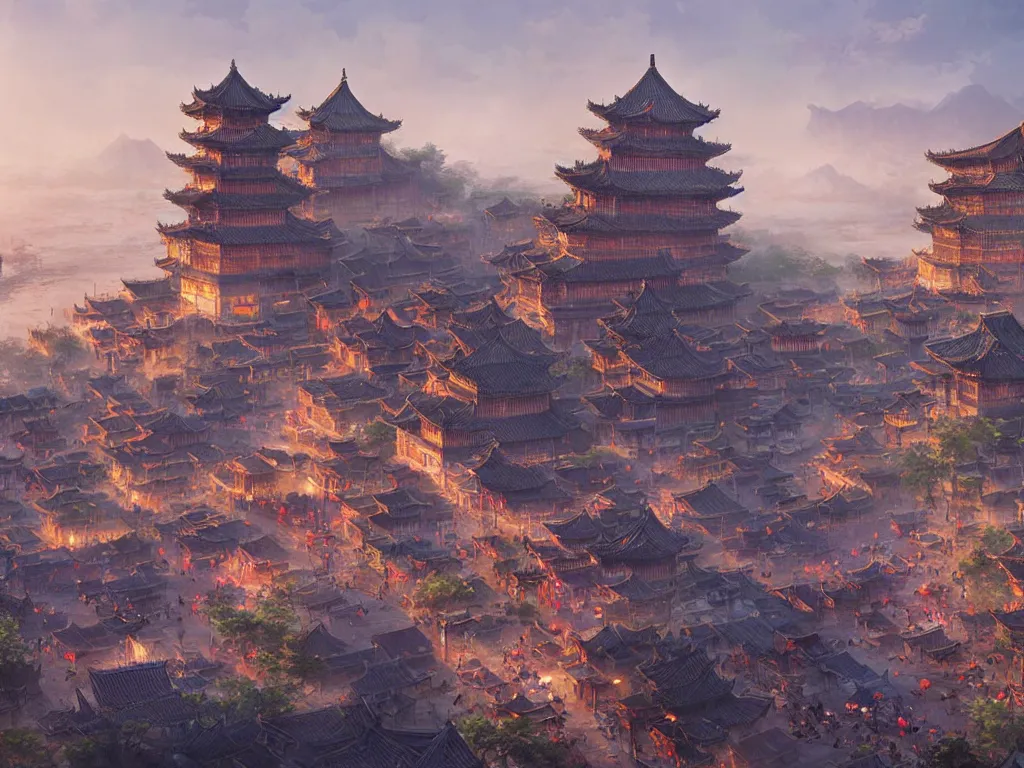 Image similar to ancient chinese city viewed from harbor, d & d digital painting, ultra realistic, beautiful, volumetric lighting, warm colors advance, cell shading, by james jean, greg rutkowski, yoann lossell, raphael lacoste