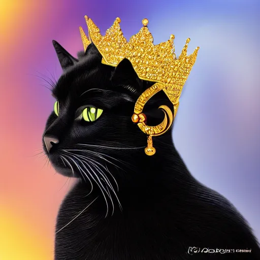 Image similar to a beautiful portrait of Black cat as a queen with a golden crown an jewelry, 8k ultra realistic details, digital art