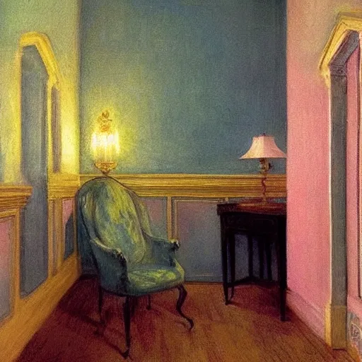 Prompt: haunted room of ivory and gold filigree, film still by edward hopper, by Bosch, by klimt, art noveau, highly detailed, strong lights, liminal, eerie, Bright pastel colors