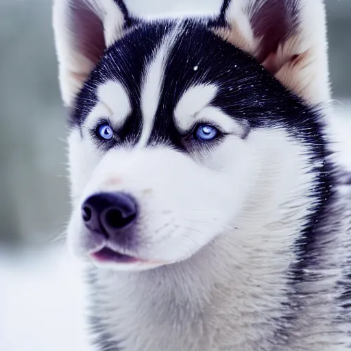 Image similar to A husky puppy with heterochromia , snowy environment, detailed close-up, 4k photo