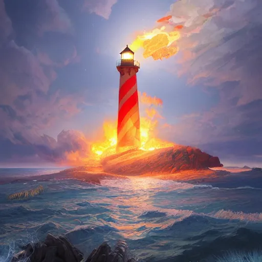 Prompt: ultra realistic illustration, a lighthouse on fire, highly detailed, digital painting, artstation, concept art, smooth, sharp focus, illustration, art by artgerm and greg rutkowski and alphonse mucha