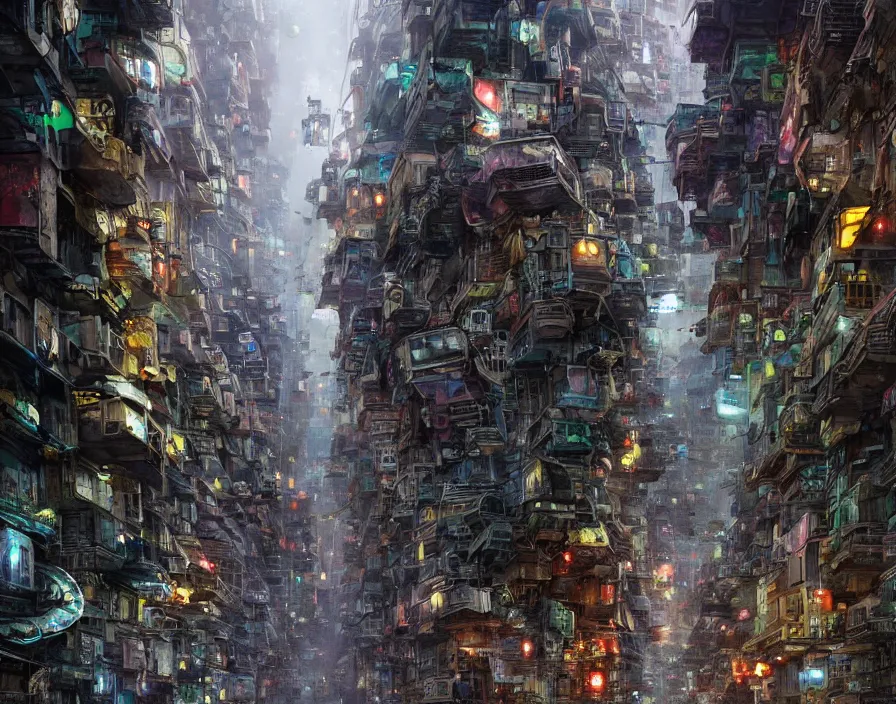 Prompt: street in kowloon slum, dark alien city with organic mushrooms in the corners, perspective stretching upwards, temples, huge alien buildings, a dark, poisonous, alien biosphere, bridges, puddles on ground, scifi, science fiction spacecraft, jagged blocks of stone, multicoloured, john berkey, daniel dociu, jeremy mann, castle artstation trending