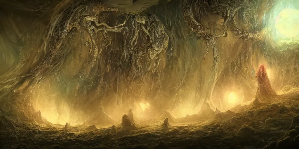 Image similar to concept art of translucent glowing fairies, lovecraftian, renaissance, melting, round moon, rich clouds, fighting the horrors of the unknown, very detailed, volumetric light, mist, fine art, decaying, textured oil over canvas, epic fantasy art, very colorful, ornate intricate scales