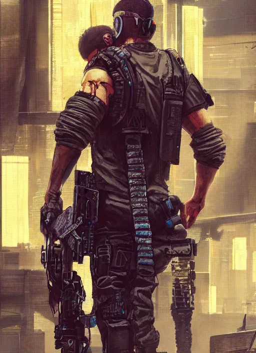 Image similar to Ezra. Cyberpunk mercenary in tactical gear climbing a security fence. rb6s, (Cyberpunk 2077), blade runner 2049, (matrix) Concept art by James Gurney, Craig Mullins and Alphonso Mucha. painting with Vivid color.