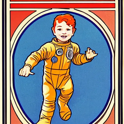 Image similar to a cute little boy with a mischievous face and short ginger hair. he is dressed as an astronaut. well composed, clean elegant painting, beautiful detailed face. comic book art by steve ditko and jack kirby and ( alphonse mucha )