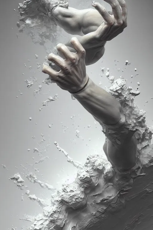 Image similar to sculpture exploding in white museun exploding inside, painting os on the wall, highly detailed, 3 d hyper realistic digital painting, artstation, concept art, smooth, sharp focus, illustration, art by ilja repin