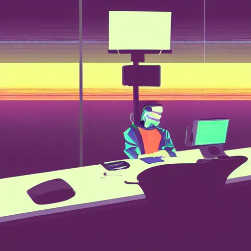 Prompt: a man sitting at a desk in front of a computer, cyberpunk art by james gilleard, behance contest winner, computer art, retrowave, darksynth, synthwave