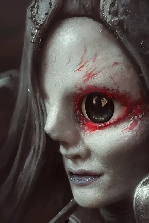 Prompt: a cute portrait of lady death eye by Greg Rutkowski, Sung Choi, Mitchell Mohrhauser, Maciej Kuciara, Johnson Ting, Maxim Verehin, Peter Konig, Bloodborne, macro lens, 35mm, 8k photorealistic, cinematic lighting, HD, high details, atmospheric,