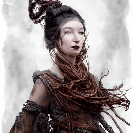 Prompt: portrait of a Shibari rope wrapped face and neck, headshot, insanely nice professional hair style, dramatic hair color, smoke, digital painting, of a old 13th century, traveler, amber jewels, baroque, ornate clothing, scifi, realistic, hyperdetailed, chiaroscuro, concept art, art by Franz Hals and Jon Foster and Ayami Kojima and Amano and Karol Bak,