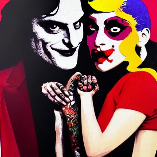 Image similar to mimmo rottela and banksy as joaquin phoenix skinny joker holding hand lady gaga harley queen, photorealistic, intricate details, pop art style, concept art, details proportional, random object movement, 3 colors, 4 k, 4 d, ultra smooth, sharp focus