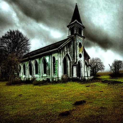 Prompt: Abandoned church covered in moss and surrounded by mist, digital art, dark clouds above