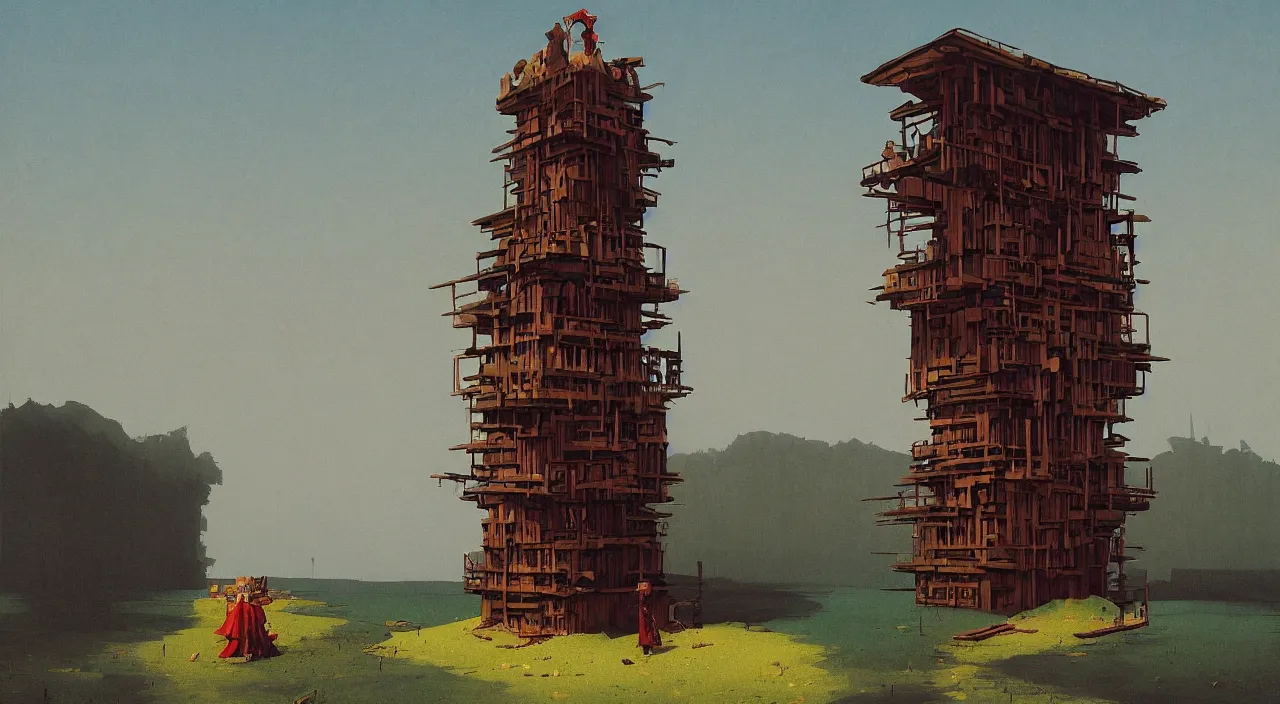 Prompt: single flooded simple wooden tower of flesh, very coherent and colorful high contrast!! masterpiece by rene magritte simon stalenhag carl spitzweg syd mead norman rockwell edward hopper james gilleard, minimalist, dark shadows, sunny day, hard lighting