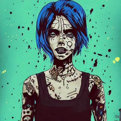 Image similar to Highly detailed portrait of a punk zombie latino young lady with freckles by Atey Ghailan, by Loish, by Bryan Lee O'Malley, by Cliff Chiang, inspired by iZombie, inspired by graphic novel cover art !!!electric blue, brown, black, yellow and white color scheme ((grafitti tag brick wall background))