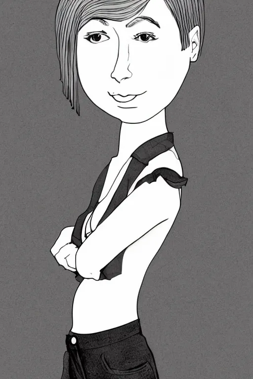 Prompt: portrait of a girl in long pants and a top, hands in pockets, eyes closed, bob haircut, digital art, black and white, manga style