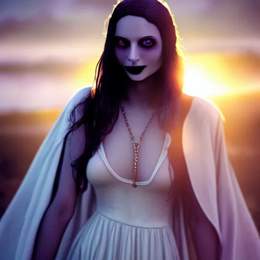 Prompt: photographic portrait of a stunningly beautiful gothic smiling alluring female in soft dreamy light at sunset, god rays, contemporary fashion shoot, by edward robert hughes, annie leibovitz and steve mccurry, david lazar, jimmy nelsson, breathtaking, 8 k resolution, extremely detailed, beautiful, establishing shot, artistic, hyperrealistic, beautiful face, octane render