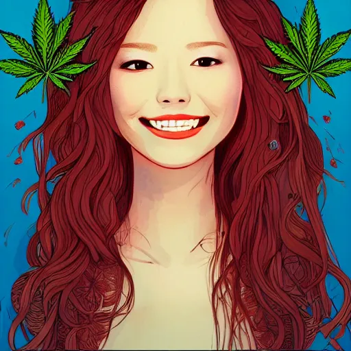 Prompt: portait of beautiful and pretty girl, high quality detailed face, joyful smile elegant, illustration, red hair, cannabis, art by audrey kawasaki