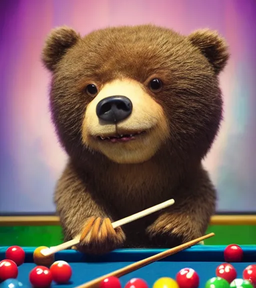 Prompt: very beautiful portrait of an extremely cute and adorable bear playing pool smooth, perfect face, fantasy, character design by mark ryden and pixar and hayao miyazaki, sharp focus, concept art, harvest fall vibrancy, intricate detail, cinematic lighting, hyperrealistic, 3 5 mm, diorama macro photography, 8 k, 4 k