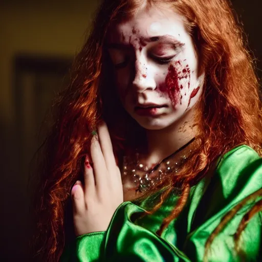 Prompt: close up of a terrified beautiful frightened young woman with blood splashes on her face, wearing a magnificent emerald necklace, curled in a corner, crying, in a castle corridor. wearing a green medieval ball gown. long chestnut hair. 4 k, low angle photograph, lens focused on face, clear image