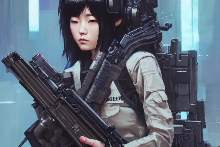 Image similar to young female japanese sniper holding a railgun sniper rifle, neon, cyberpunk, futuristic, full cybernetic combat suit, helmet visor up, stunning, highly detailed, digital painting, smooth, soft focus, illustration, ghost in the shell, 4 k digital art from artstation by artgerm and greg rutkowski and alphonse mucha