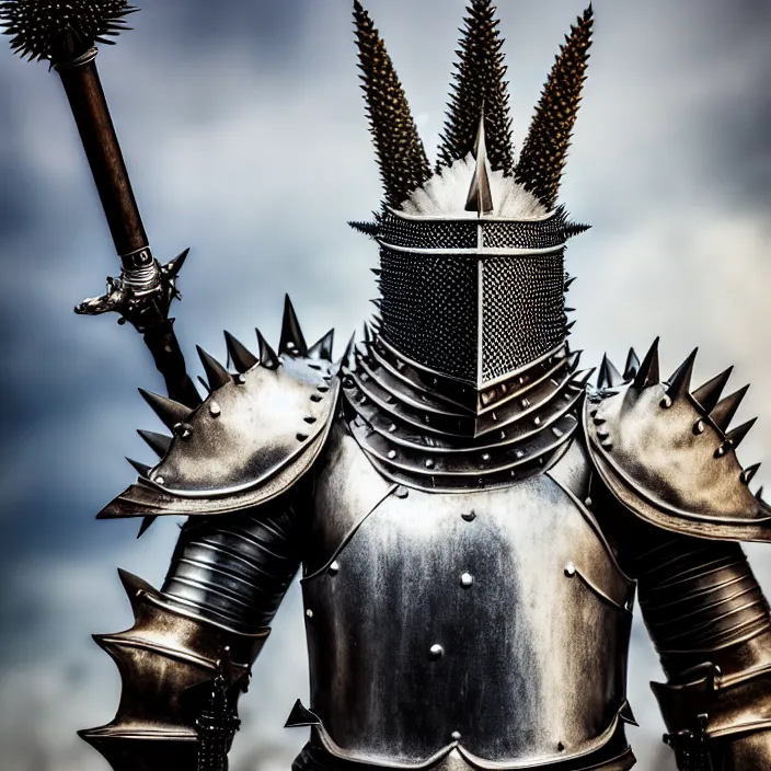 Prompt: full body photo of a knight with spiky armour and a mace, highly detailed, 4 k, hdr, smooth, sharp focus, high resolution, award - winning photo