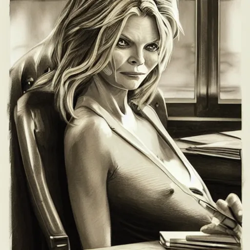 Prompt: amazing lifelike award winning pencil illustration of Michelle pfeiffer as Tony Montana sitting at his desk trending on art station artgerm Greg rutkowski cinematic