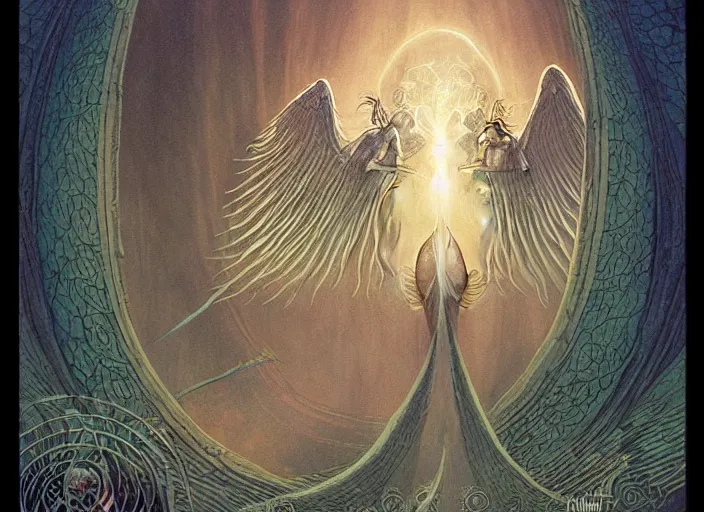 Prompt: a symmetrical! delicate magic the gathering illustration by charles vess of hundreds of radiant tiny winged seraphim flying out from the entrance of a gargantuan vulva!!! - shaped temple of smooth organic architecture, floating in the astral plane and constructed of house - sized crystals and with the bulb of the vestibule made of iridescent pearl