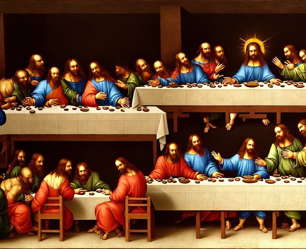 Image similar to leonardo da vinci ´ s last supper in mc donalds, with ronald mc donalds as judas, oil in canvas