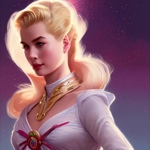 Image similar to Blonde Grace Kelly as Sailor Moon, western, D&D, fantasy, intricate, elegant, highly detailed, digital painting, artstation, concept art, matte, sharp focus, illustration, art by Artgerm and Greg Rutkowski and Alphonse Mucha