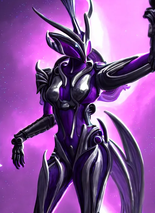 Image similar to cinematic close shot, galactic sized goddess, proportional stunning beautiful hot female warframe, sleek mecha female dragon head, metal ears, led purple eyes, smooth fuschia skin, smooth silver armor, floating in space, holding a galaxy, epic proportions, epic size, epic scale, furry art, dragon art, giantess art, warframe fanart, furaffinity, octane