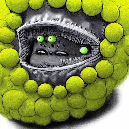 Image similar to a tennis ball monsters, wearing a puffy jacket,, digital art, fantasy, magic, chalk, trending on artstation, ultra detailed, professional illustration by basil gogos