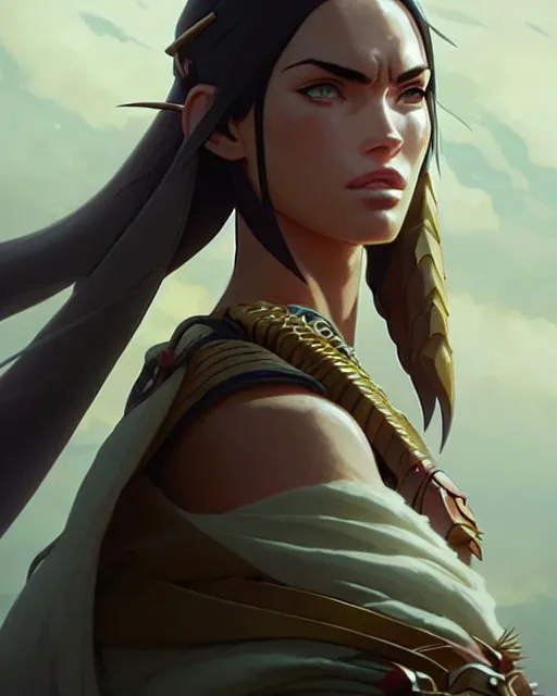 Image similar to azctec warrior, megan fox, detailed perfect face, exquisite details, fire magic, mid view, design on a white background, by studio muti, greg rutkowski makoto shinkai takashi takeuchi studio ghibli