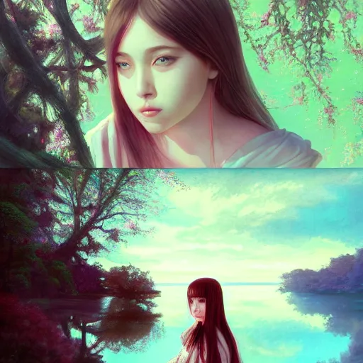 Image similar to painting, nicolas cage as a beautiful young girl in intricate clothing by ross tran, walking in a castle, lake painted by sana takeda, rtx reflections, very high intricate details, digital anime art, medium shot, mid - shot, composition by ilya kuvshinov, lighting by greg rutkowski